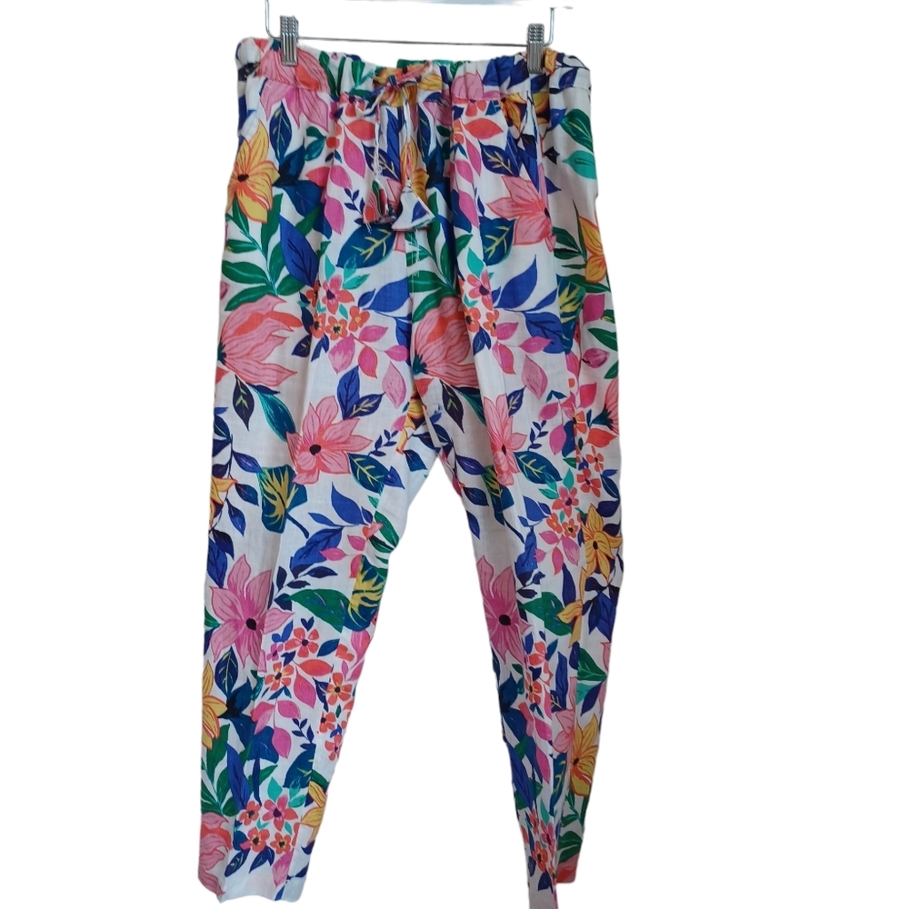 C&C California Linen Pants Colorful Floral Pull‎ On with Belt Womens size M